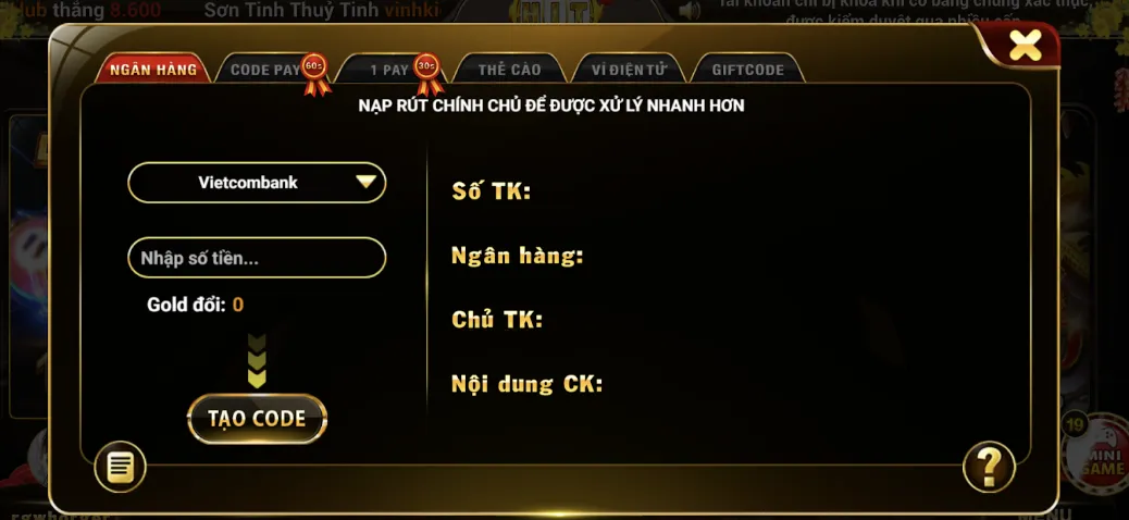 Tiến hành nạp tiền tham gia ngay tại Hit Club